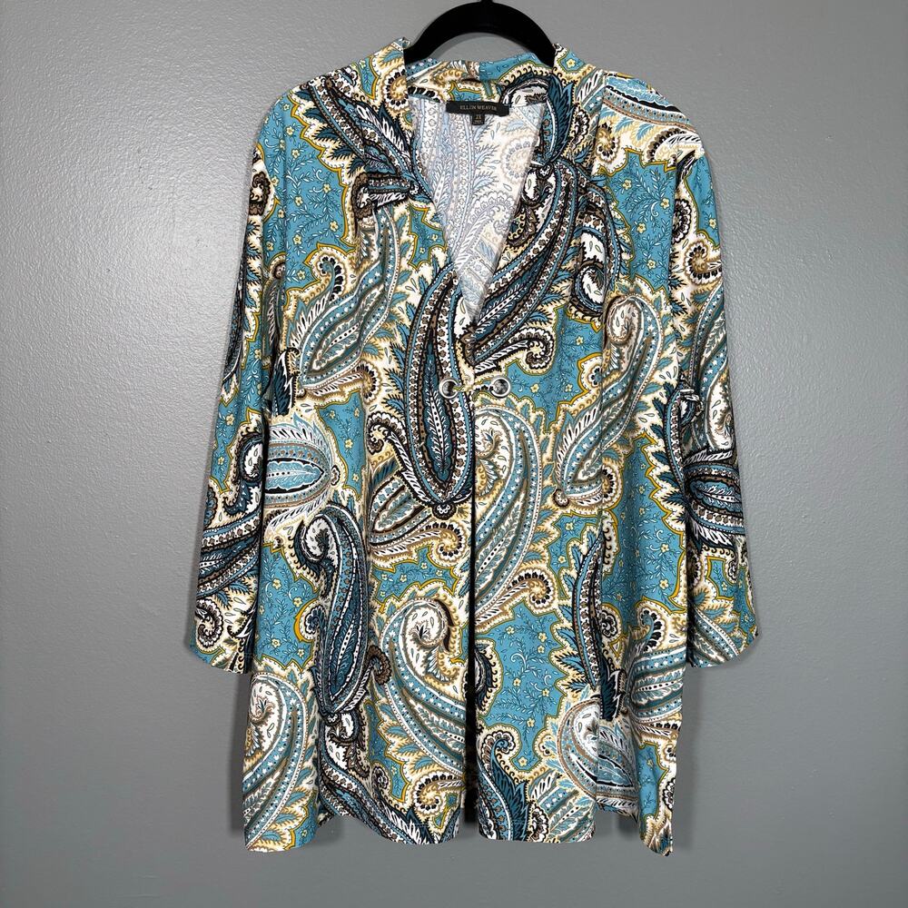 Ellen Weaver Turquoise Paisley Old Money Classic Blouse - 2X - Women's Plus Size